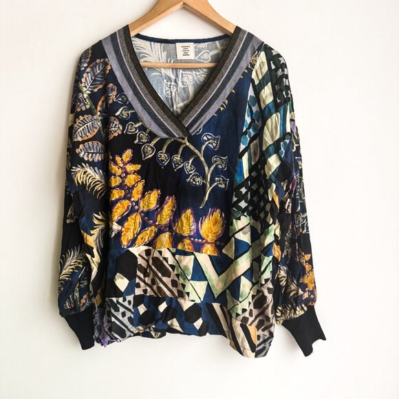 Aldo Martins Floral V Neck Mixed Media Knit Top L - Picture 2 of 7